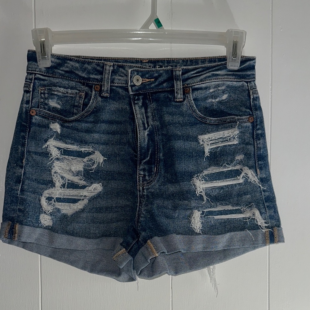 American Eagle Outfitters Blue Distressed Stretch Cuffed Jean Shorts, Size 8